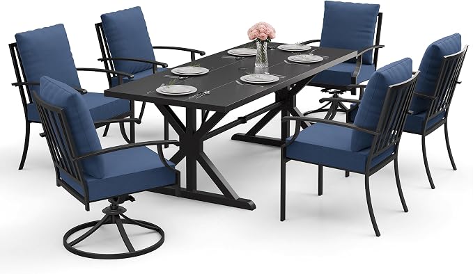 ALAULM 7-Piece Patio Dining Set,Outdoor Metal Dining Set with 2 Swivel Chairs & Rectangle Table with 1.5 Umbrella Hole, Patio Dining Table and Chairs for Backyard,Navy