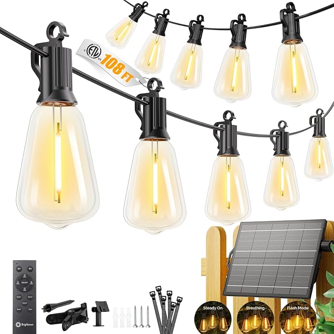 Brightown 108FT Solar String Lights Outdoor Waterproof, 26Hrs Runtime | 50+2 LED Bulbs, USB & Solar Powered, Remote Control & Dimmable Timer, Ideal for Backyard, Garden, Camping & Party Decor