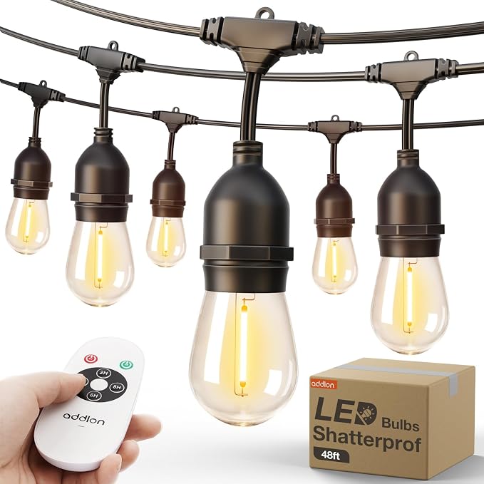 addlon LED Outdoor String Lights 48FT with Timer Edison Vintage Bulbs ETL | Commercial Grade Strand with Shatterproof Bulbs, Decorative Hanging Lights for Patio Backyard Garden Cafe Bistro Deck