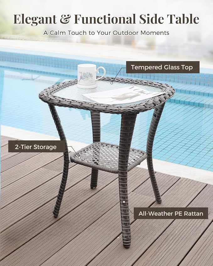 Patio Furniture Set 3 Pieces Luxury Outdoor Bistro with Swivel Rocker Chairs and Side Table, Easy Assembly Conversation Set for Porch Deck Balcony Yard in Gray Wicker and Beige Cushions