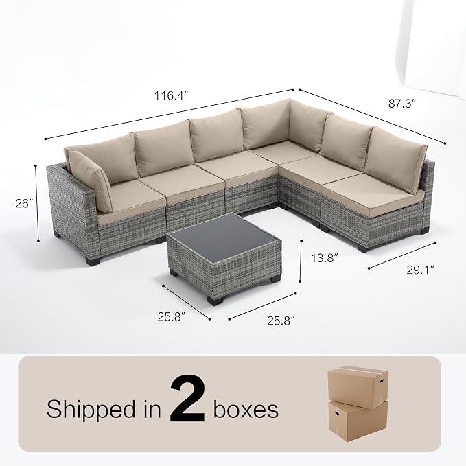 7-Piece Outdoor Patio Furniture Set, Gray PE Rattan Sectional Sofa with Dark Khaki Cushions and Steel Frame, Coffee Table Included, Modular Outdoor Conversation Set for Patio Garden Poolside
