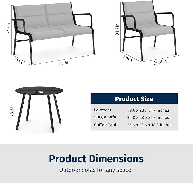 East Oak 4-Piece Patio Furniture Set, Waterproof Outdoor Furniture Set, Patio Sofa with Coffee Table for Balcony or Porch, 4 Seats Patio Conversation Sets for Backyard in Grey