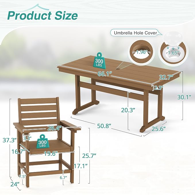 5 Piece Patio Dining Set, 66" Rectangle HDPS Weather Resistant Outdoor Table & 4 Patio Chairs Set with 1.96" Umbrella Hole, Heavy Duty Chairs for Backyard Balcony Deck, Brown