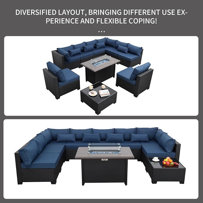 Rattaner 10 Pieces Outdoor Sectional All-Weather Wicker Patio Furniture Set Patio Sectional and Steel Fire Table and Glass Patio Table Non-Slip Cushions and Waterproof Covers, Navy Blue