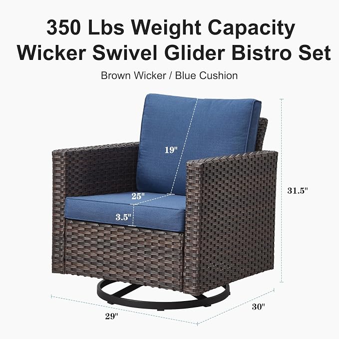 Belord Wicker Chairs Outdoor Bistro Set Oversize Patio Swivel Rocker, Rattan Outdoor Seating Set of 2 Swivel Glider Chairs Wicker Furniture for Porch Deck Backyard with Water-Resistant Cushion Brown