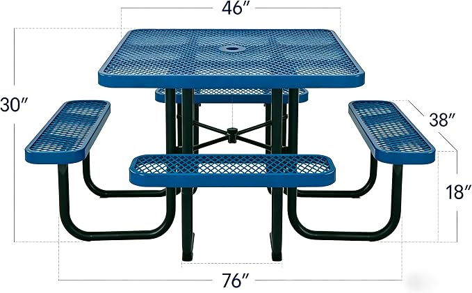 Garvee Heavy Duty Metal Picnic Tables for Outdoors with Umbrella Hole, 46" Square Top Patio Table Coated Steel Commercial Grade Furniture Set Weather & Rust Resistant (Expanded Steel, Black)