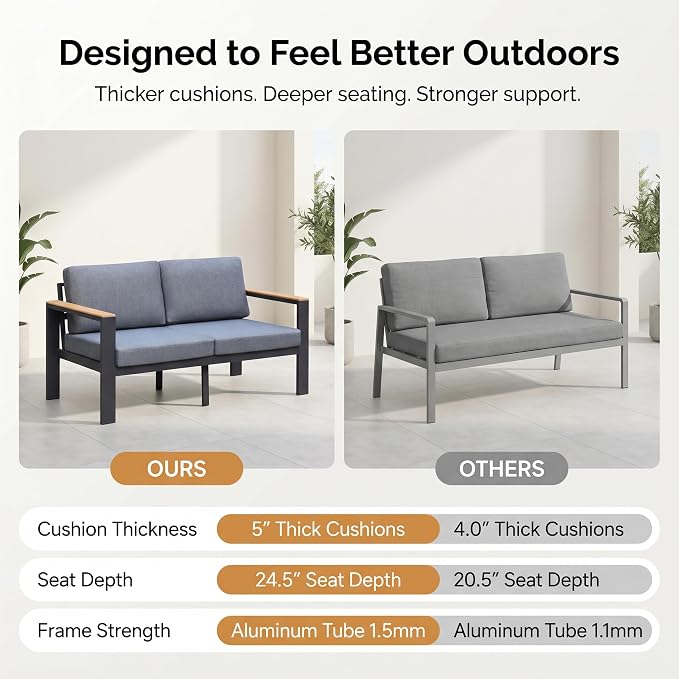 Outdoor Patio Furniture Set, 4-Piece Aluminum Conversation Set with Loveseat, 2 Chairs and Coffee Table, 5-Inch Water-Resistant Cushions for Backyard, Porch, Poolside,Gray