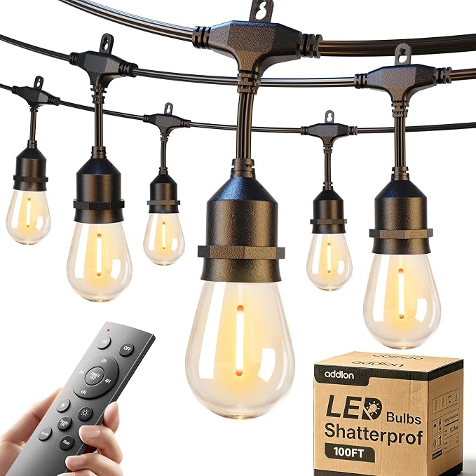 addlon 100FT Outdoor String Lights with Remote Dimmable Waterproof Patio | Warm White Edison Bulbs, Heavy Duty Shatterproof Hanging Strand for Outside Backyard Porch Garden Bistro Pergola Party