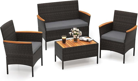 Tangkula 4 Pieces Patio Wicker Sofa Set, 2 Rattan Chairs & Loveseat w/Coffee Table, Acacia Wood Armrests & Tabletop, Outdoor Cushioned Conversation Set for Backyard, Poolside (Gray, 4 Pieces)