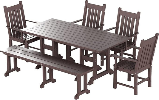 WO Home Furniture Adirondack Patio Dining Chair Table Bench Set of 6 PCS Rectangle Dinner Table Dining Arm-Chairs (Dark Brown)