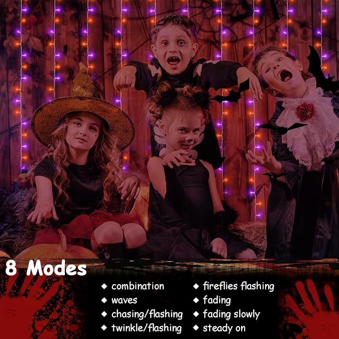 echosari Halloween Curtain Lights Battery Operated 300 LED Purple Orange | 9.8Ft x 9.8Ft Hanging Lights with Remote Timer for Party Garden Yard Decor