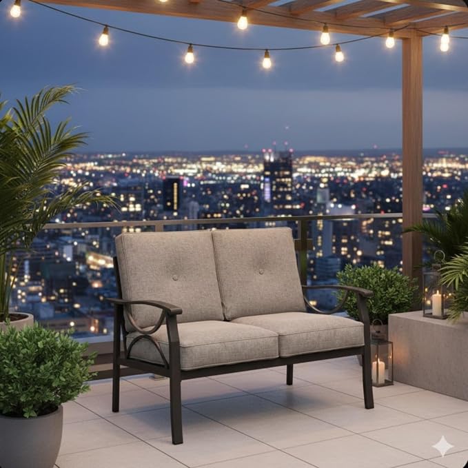 Hassyee 2 Pieces All-Weather Metal Outdoor Conversation Set with Coffee Table and Removable Cushions for Balcony, Patio Furniture Set with Modern Curved Design for Backyard, Lawn (Loveseat)
