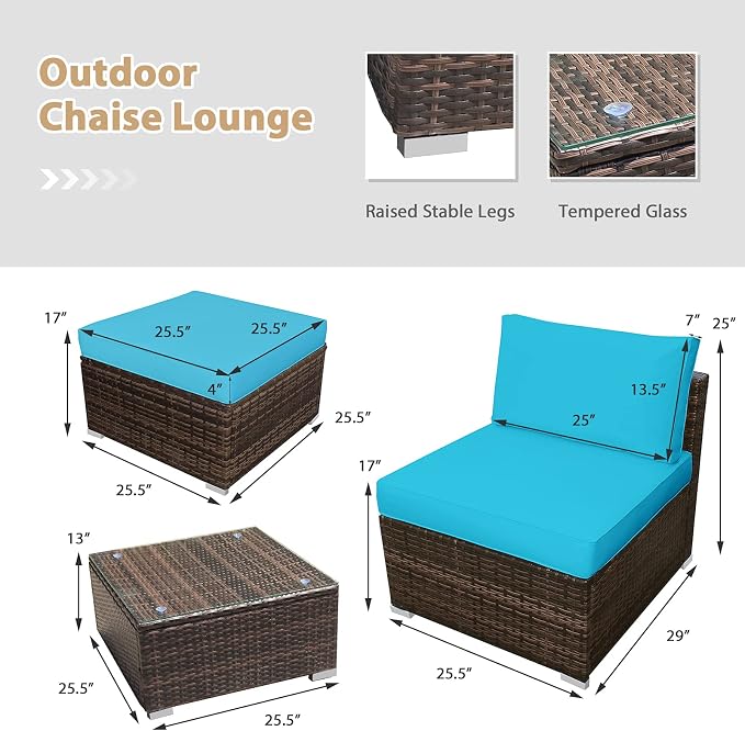 DORTALA Wicker Patio Furniture Set 5 Piece, Outdoor Conversation Sets with Chairs, Ottomans, Tempered Glass Table, Cushions, All Weather Rattan Sofa Couch for Balcony, Porch, Backyard, Deck, Turquoise