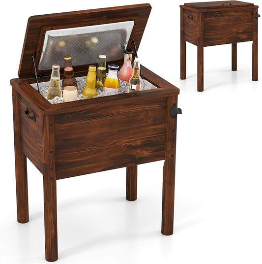 Giantex Wooden Patio Cooler, 54 Quart Outdoor Beverage Cooler Table with 3-Layer Insulation, Built-in Bottle Opener & Drainage Cap, Retro Rustic Pine Wood Ice Chest for Backyard, Poolside, Deck, Party