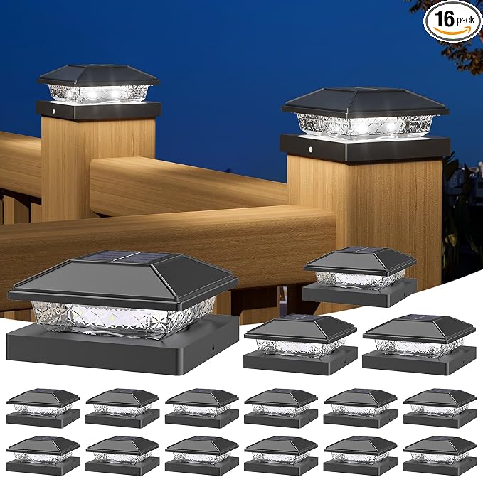 NIORSUN Solar Post Cap Lights,4x4 Post Solar Light Cool White,Black 16 Pack | Fence Post Solar Lights for 4x4 Post Caps Wood Vinyl, IP64 Waterproof Solar Post Lights Outdoor, Solar Deck Post Lights