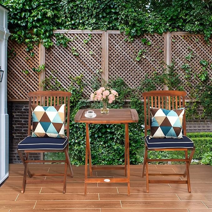 3PCS Patio Folding Wooden Bistro Set Cushioned Chair Conversation Table Seat Cushion