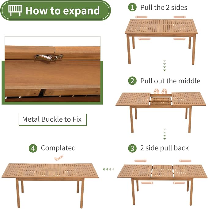 OC Orange-Casual 7 Piece Patio Dining Set, Outdoor Acacia Wood Furniture Set w/Extendable Rectangular Table and 6 Foldable Reclining Chair, Solid Wood, for Deck Garden Backyard, Beige