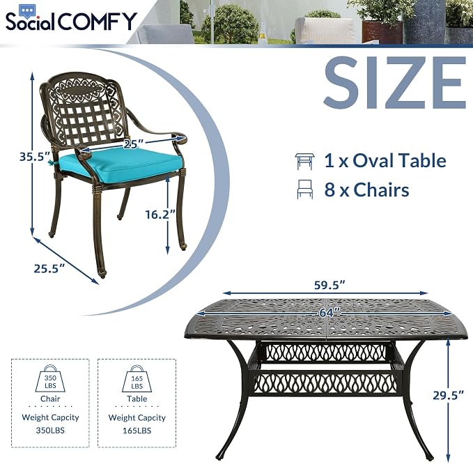 9-Piece Patio Cast Aluminum Dining Set, Outdoor Table and Chairs Set for 8, Includes 64" Large Square Dining Table and 8 Cushioned Chairs with Umbrella Hole for Lawn Garden, Ocean Blue