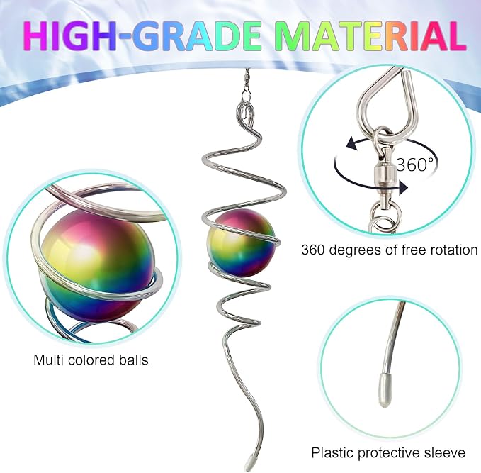 Gazing Ball Spiral Tail, Wind Spinner Stabilizer with Multi Color Sphere & Swivel Hook, Sun Catcher 11" Tail and 2" Stainless Steel Orb, Indoor Outdoor Garden Decor, Creative Gifts 13 inch