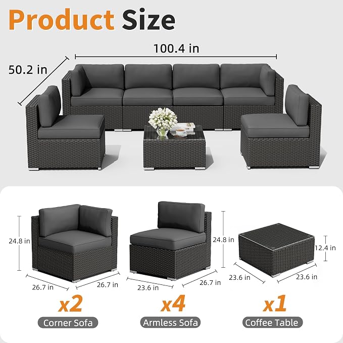 Oakcloud 7-Piece Outdoor Patio Furniture Black Rattan Wicker Sectional Sofa Conversation Set with Glass Top Table and Cushions (Grey)