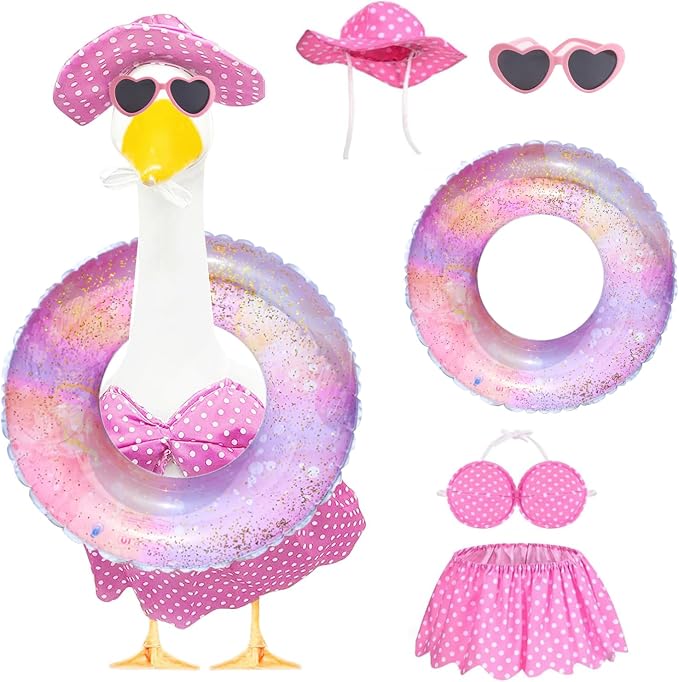 Porch Goose Summer Outfit for Cement or Plastic Goose 23'' Lawn Patio Statue, Bikini Goose Clothes, Hawaiian Outfit with Hat Sunglasses & Swimming Ring for Outdoor Garden Yard Decor (Pink)