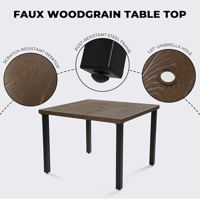 Grand patio 5-Piece Outdoor Dining Set for 4, Metal Woven Wicker Fixed Patio Chairs with Thickened Cushions & 1 Square Woodgrain Dining Table with Umbrella Hole for Backyard Deck (Brown)
