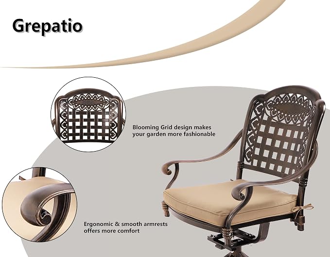 Grepatio 7 Piece Patio Dining Set Outdoor Dining Set Cast Aluminum Furniture Set with 6 Swivel Dining Chairs and Dining Table for Backyard Garden Deck Poolside (Grid Khaki)