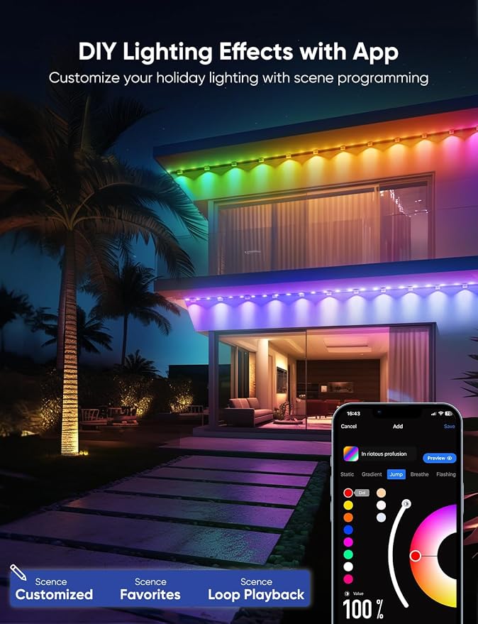 APPECK Permanent Outdoor Lights Pro, 200ft with 144 RGBCW Eaves Lights | Dual Lens, 144W, 80lm, Cuttable, IP67 Waterproof Lighting for Daily and Holiday Decor, Compatible with Alexa, White