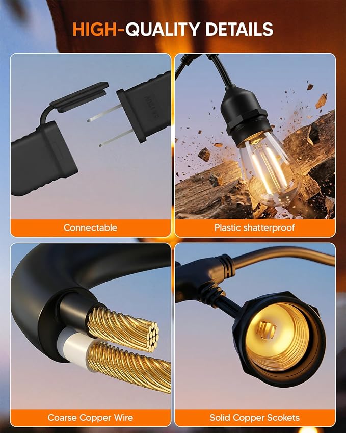 100FT S14 Outdoor String Lights, 64+4 Shatterproof Bulbs 2W, 1.5FT Spacing IP65 Waterproof| Dimmable with Remote, Heavy-Duty, Include Screw & Zip Ties for Patio Backyard Holiday Outside