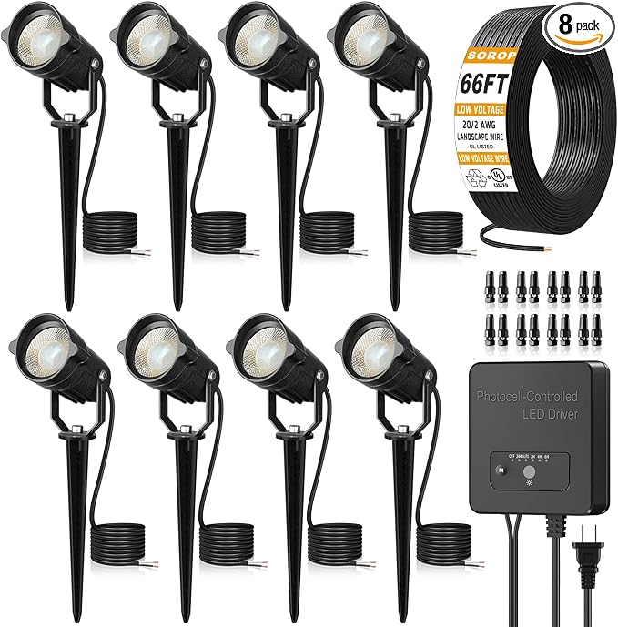 Low Voltage Landscape Lighting Kit, 3000K Spotlights Outdoor 8Pack | All-in-One Landscape Light with 150W Transformer Dusk to Dawn, 66FT Wire, IP66 Waterproof Outdoor Lights for Yard Path 12-24V