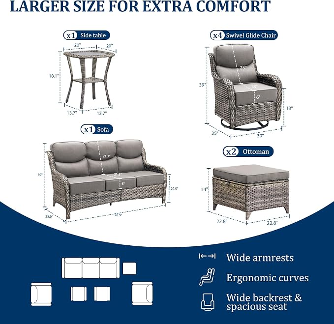 Luxury Swivel Rocker Chair Sofa Set with 6" Thick Cushions,6 Piece Wicker Swivel Rocker Patio Chair with footstools,Outdoor Comfortable High Back Chair Patio Furniture Set - Gery | Gery