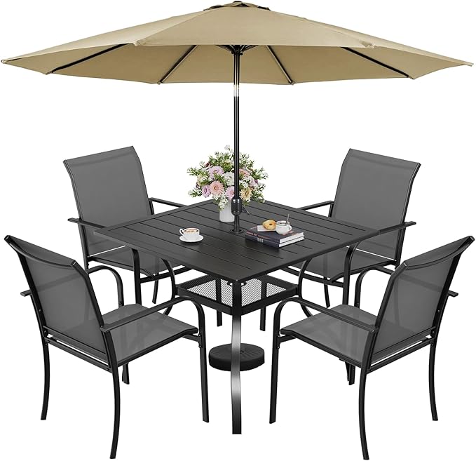 Incbruce 6 Pieces Patio Dining Set with Brown Umbrella, Outdoor Dining Set of 4 Textilene Chairs and Square Table with Umbrella Hole for Backyard, Garden, and Poolside (Grey)