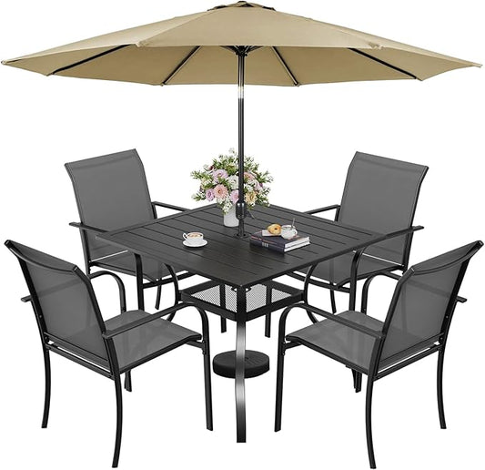 Incbruce 6 Pieces Patio Dining Set with Brown Umbrella, Outdoor Dining Set of 4 Textilene Chairs and Square Table with Umbrella Hole for Backyard, Garden, and Poolside (Grey)