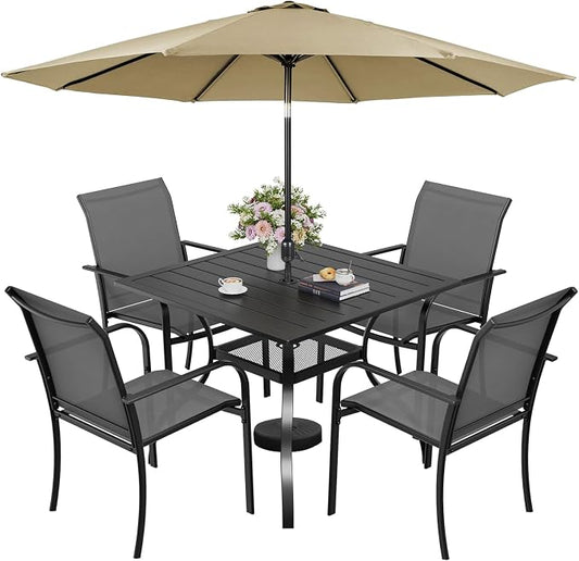 5-Piece Patio Dining Set with Umbrella,4 Person Outdoor Table and Chairs Set, 4 Metal Dining Chairs and Square Outdoor Table with 1.57" Umbrella Hole,Grey