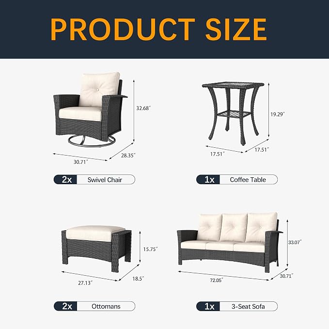 6 Pieces Outdoor Patio Furniture Set, Wicker Patio Sectional Set Conversation Wicker Swivel Chairs with Small Side Table