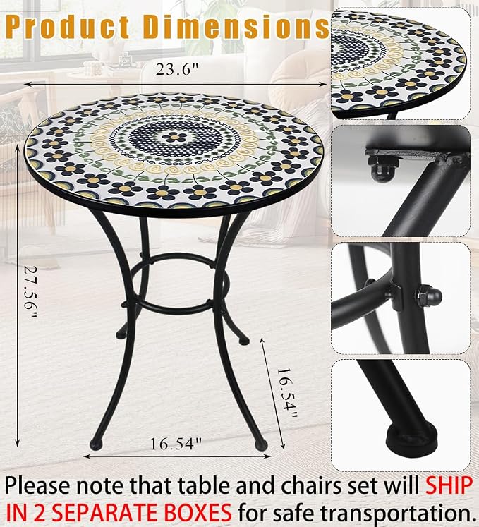 3 Piece Bistro Sets Mosaic Tile Round Table Folding Chairs Garden | Set of 3 Patio Furniture 23.6" Table and 2 Chairs Outdoor Bistro Chairs Artistic Table for Balcony Porch Apartment Backyard