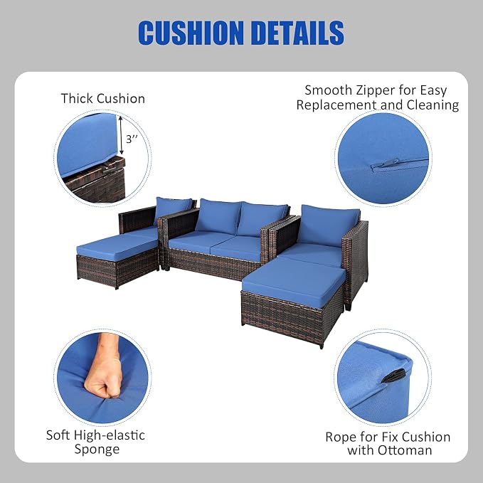 Tangkula 5 Pieces Patio Wicker Furniture Set, Outdoor Rattan Sofa Set with Removable Cushions, Loveseat with 2 Single Sofas & 2 Ottoman, Sectional Sunbed Conversation Set for Yard, Garden, Poolside
