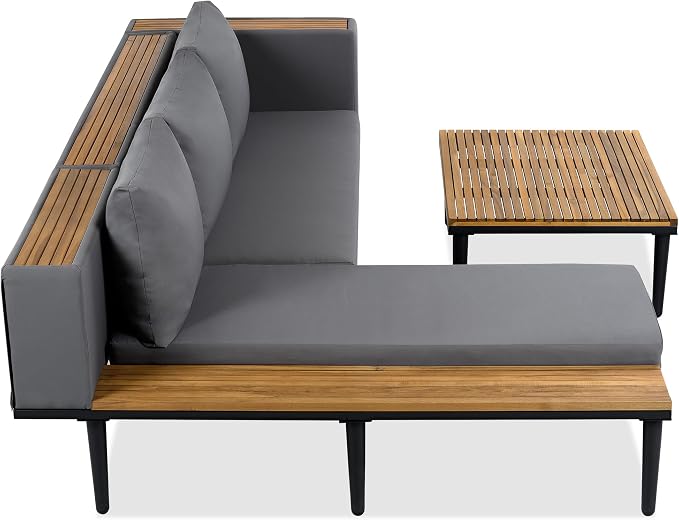 Luxury Patio Furniture Set with Removable Cushions and Coffee Table, L-Shaped Acacia Wood Sofa with Side Table, Outdoor Conversation Sectional Sofa for Backyard,Porch (Gray#51)