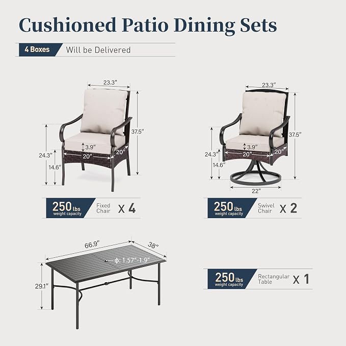 SUNSHINE VALLEY 7 Piece Patio Dining Set for 6, Outdoor Table and Chairs with Cushioned Wicker Swivel & Leg Patio Chairs & Black Dining Table (1.57-1.9”Umbrella Hole), Outdoor Dining Sets for Backyard