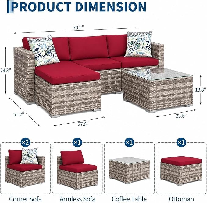 GarveeHome 5 Pieces Patio Sectional Furniture Set, All Weather Wicker Rattan Sectional Sofa, Patio Conversation Set with Cushions and Glass Coffee Table for Backyard Porch Garden Balcony, Red