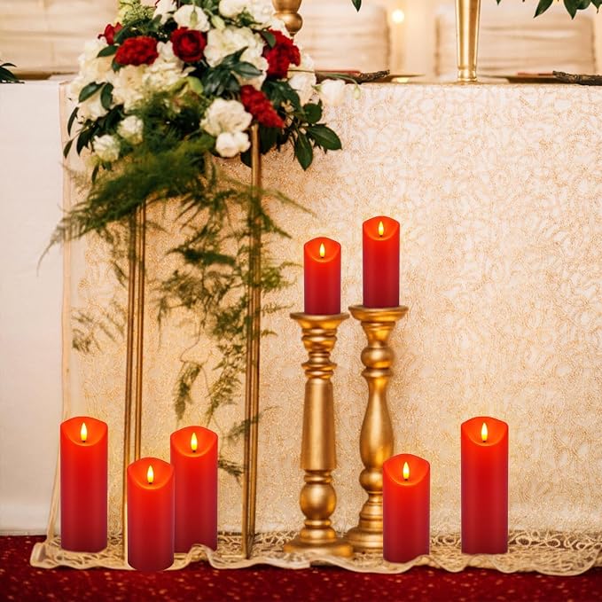 YOROXRG 24 Pack Christmas Decoration Flickering Flameless Candles,LED Candles Battery Operated Pillar Candles with Remote Control.for New Year, Home Decor, Parties,Wedding(D2.2 xH 5" 6" 7" Red)