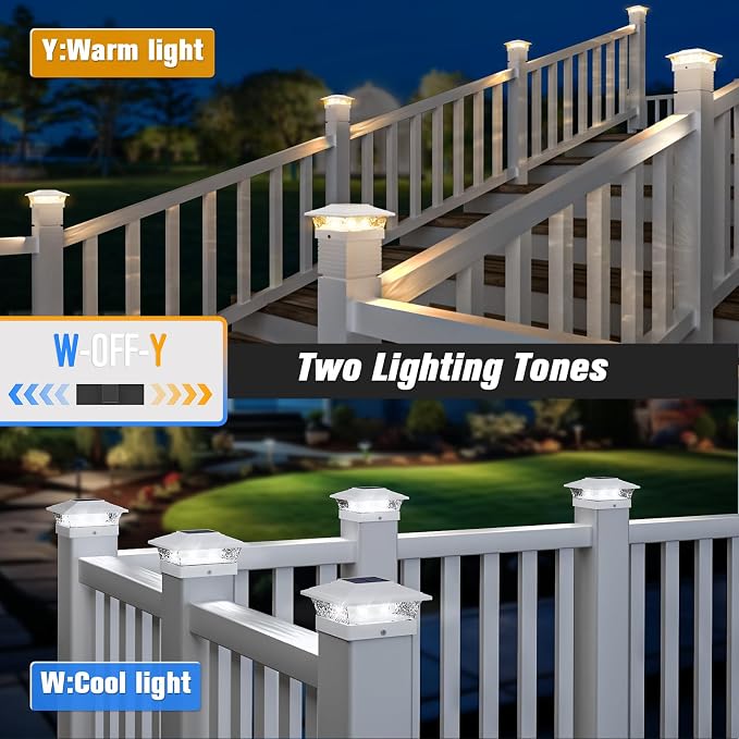 Solar Post Cap Lights Outdoor 6pack, Waterproof Fence Post Lights with 16 Ultra Bright LEDs Fit 4x4/5x5/6x6 Wood/Vinyl Posts, White Deck Post Lights with Warm/Cool White for Garden, Patio, Porch, Yard
