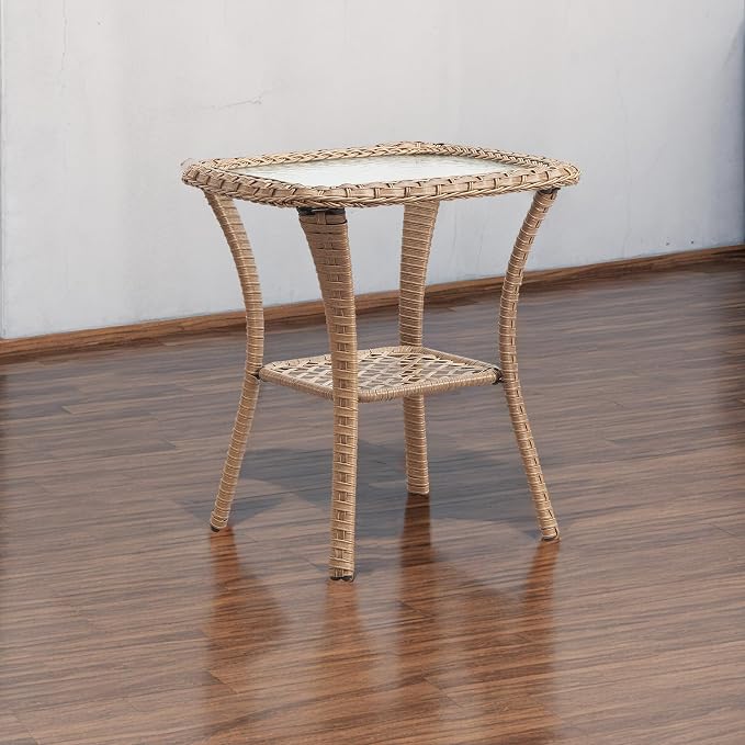 Rilyson Patio Tables Wicker Side Table - Rattan Coffee Tables with Glass Top End Table for Outdoor Outside Patio Porch Square Yellow