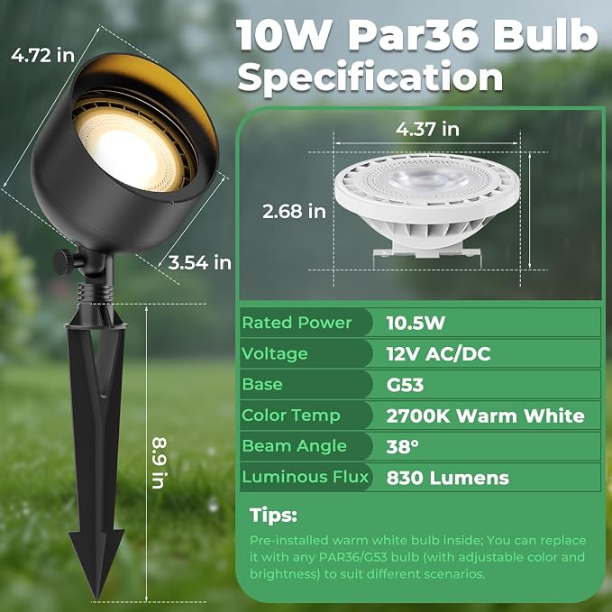 Low Voltage Landscape LED Flood Light, 12V Wide-Angle Outdoor Uplight for Bushes, Tree Canopy, Flagpole and Exterior Wall Washing with 10W 2700K PAR36 Bulb (4 Pack)