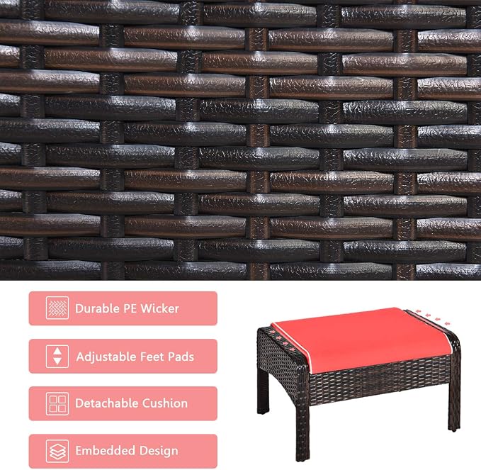 HAPPYGRILL 5PCS Patio Furniture Set Outdoor Rattan Wicker Conversation Set with Coffee Table Cushioned Sofas and Ottoman Chat Set for Garden Backyard