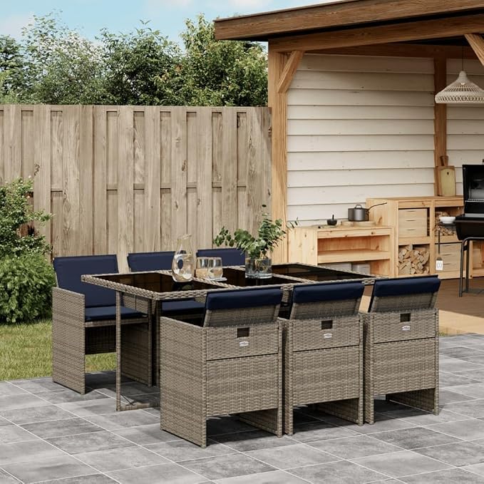 7 Piece Outdoor Patio Dining Set with Cushions Grey Poly Rattan Folding Chairs Tempered Glass Table for Garden Backyard Deck Entertaining 6 Seats