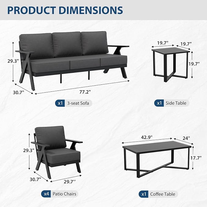 COOS BAY Iron Luxe 7 Piece Outdoor Patio Furniture Set, Modern Patio Conversation Set with 4 Patio Chairs, a 3 Seat Couch, Coffee Table & Side Table for Deck, Garden, Porch, Black/Gray