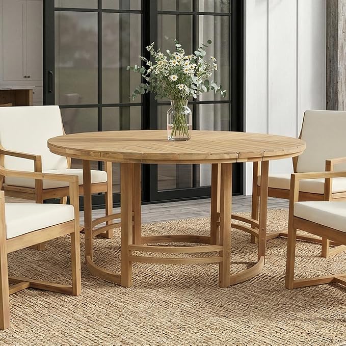 WILLIAMSPACE 59.1" Round Acacia Wood Outdoor Patio Table with Umbrella Hole, Light Teak