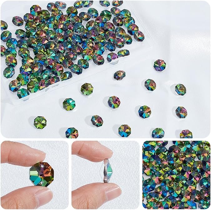 120Pcs Colorful 14mm Octagonal Crystal Beads 2 Holes Glass Octagon Prism Beads AB Color Crystal Chandelier Parts Replacement Suncatcher Faceted Spacers for DIY Lamp Hanging Pendant Jewelry