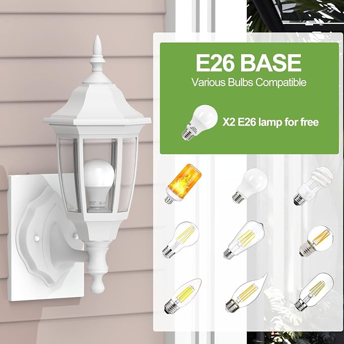 EMART Dusk to Dawn Plastic Outdoor Wall Light Fixtures(2 Pack, White) | Include Bulbs, Waterproof and Anti-Corrosion, Wall Mount Porch Sconces for Outside, Garage, Front Door, House, Patio